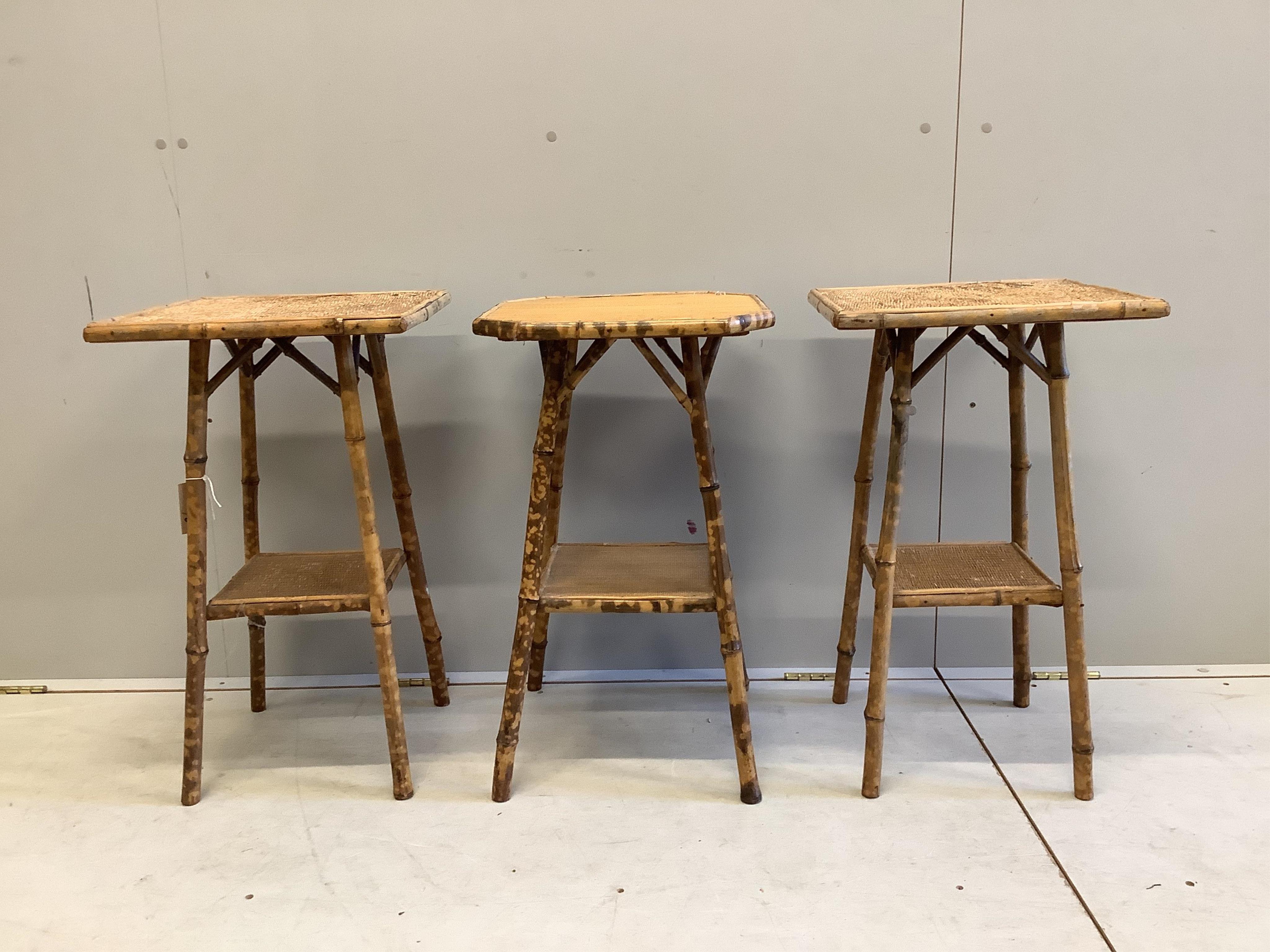 Three caned bamboo two tier occasional tables, larger width 39cm, depth 39cm, height 66cm